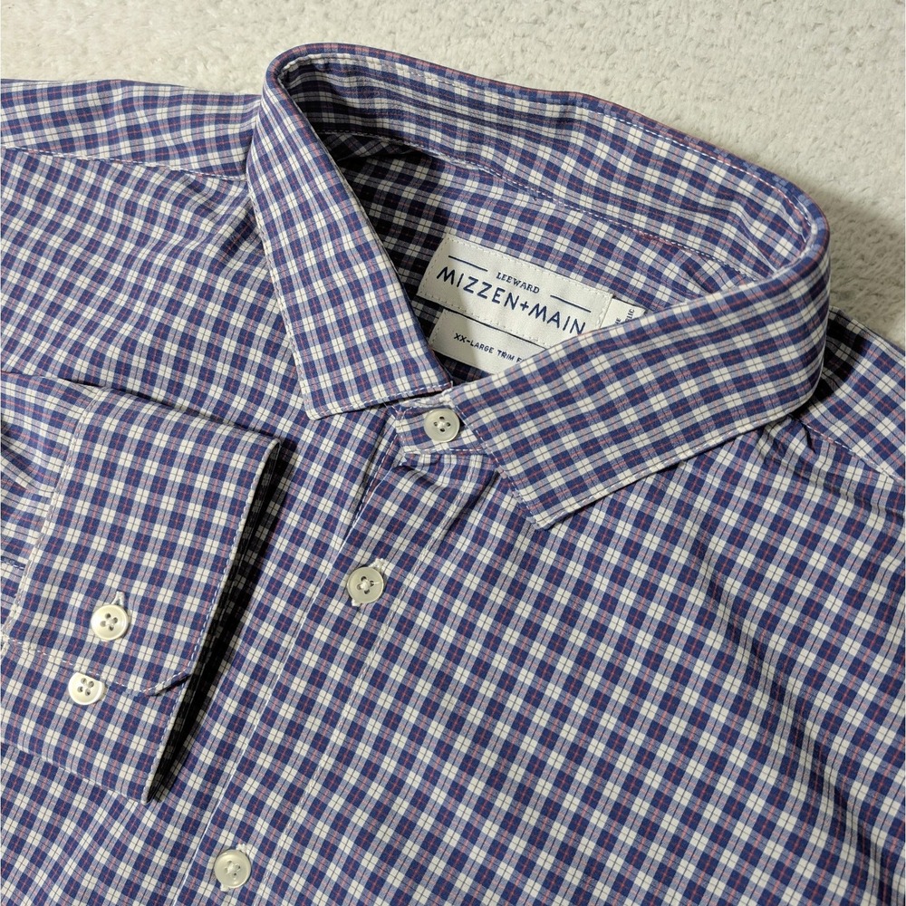 Mizzen+Main Leeward Dress Shirt 2XL Trim Fit Blue Red Plaid Performance Stretch